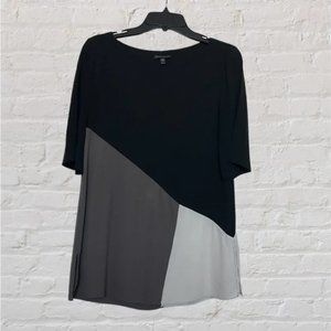 Eileen Fisher color-block silk s/s shirt blouse top black grey cream L womens